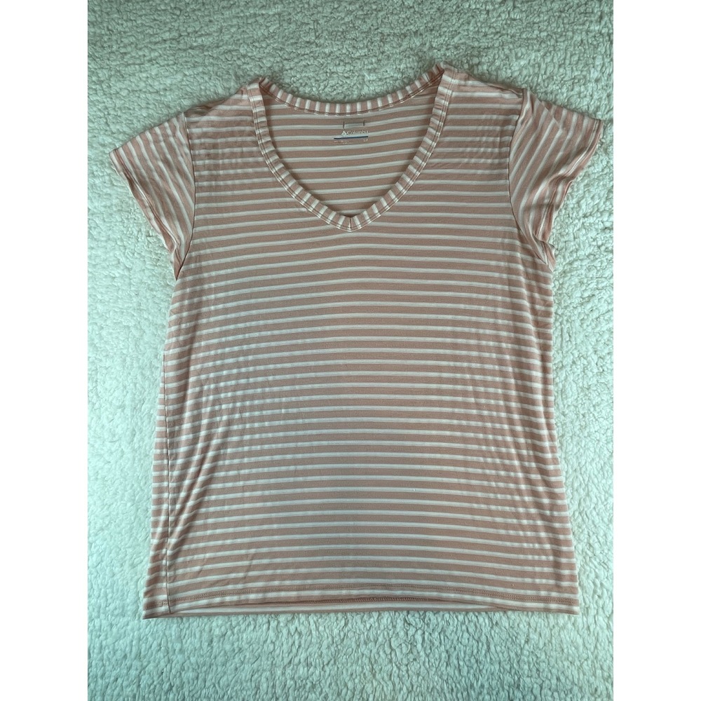 Columbia Womens Pink White Striped V-Neck Short Sleeve T-Shirt Size Small